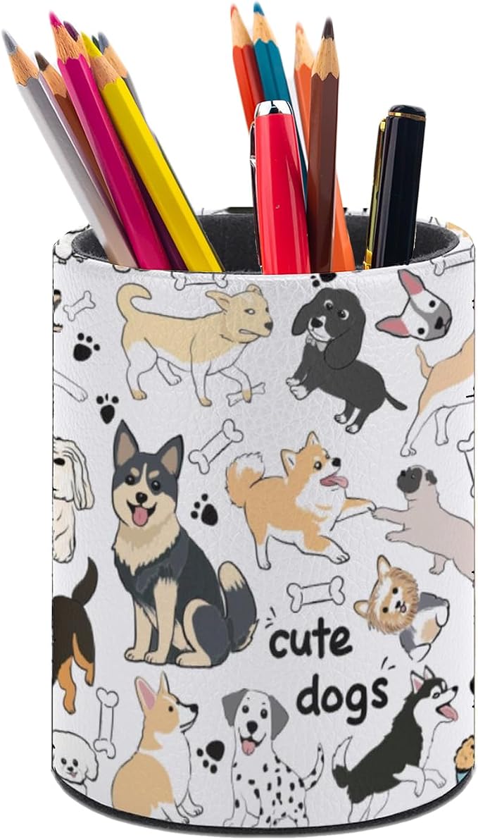 Cute Dogs Pen Holder Pencil Cup for Desk Organizer | Cute Makeup Brush Holder PU Multifunctional Office Suppliesfor Decor Home Classroom School