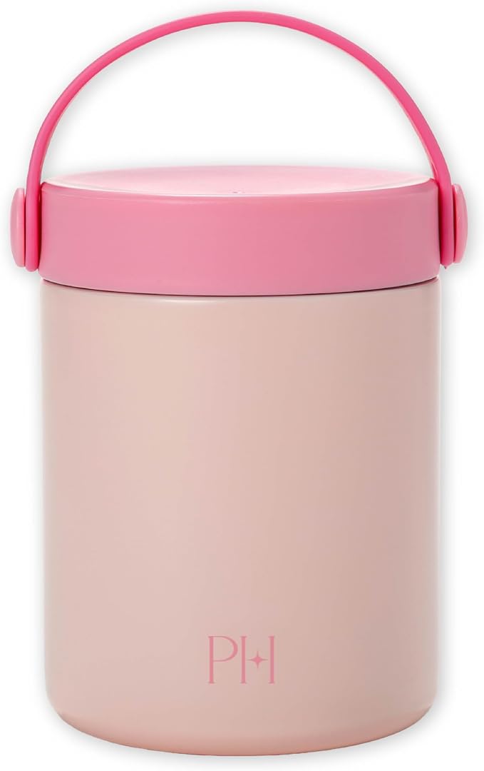 Paris Hilton Insulated Food Jar, Stainless Steel Vacuum Insulated Food Container with Folding Carry Handle, Leak-Proof Lid, 15-Ounce, Pink