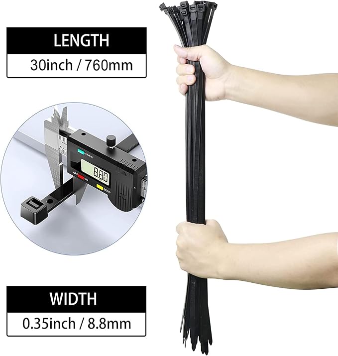Long Zip Ties Heavy Duty 30 inch, Large Cable Ties with 200 lbs Tensile Strength, Big Plastic Wire Ties, Black Extra Long Tie Wraps,Industrial Sturdy Large Cable Wire Ties 28 Pack, by MDCG