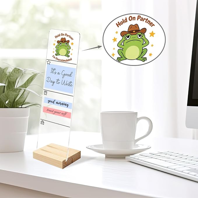 Monitor Memo Board, Sticky Note Holder, Sticky Note Board for Desk, Acrylic Desk Buddy with Wooden Base, Includes 200 Notes, Featuring Cowboy Frog Hold On Partner I’m Overstimulated Funny Quote