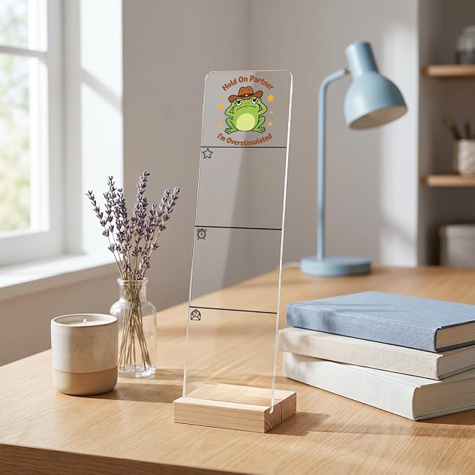 Monitor Memo Board, Sticky Note Holder, Sticky Note Board for Desk, Acrylic Desk Buddy with Wooden Base, Includes 200 Notes, Featuring Cowboy Frog Hold On Partner I’m Overstimulated Funny Quote