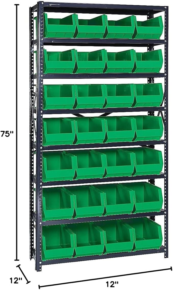 Quantum Storage Systems QSBU-240GN Giant Open Hopper Steel Shelving System, 12" D x 36" W x 75" H, with 8 Shelves and 28 QU240 Bins, Green