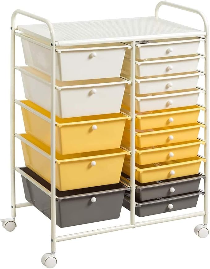Moccha 15-Drawer Rolling Storage Cart - Under Desk Storage Drawers with wheels for Craft Art Supply Paper Salon, Scrapbook Paper Tools, Mobile Utility Cart for Classroom (15 Drawers, Yellow)