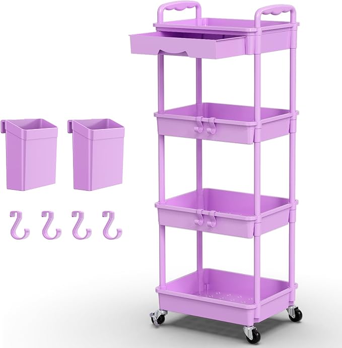 Goovilla 4 Tier Rolling Utility Cart Organizer with Removable Drawer, Stable and Sturdy Taro Rolling Storage Carts with 2 Lockable Wheels for Bathroom, Kitchen, Snack, Craft, Makeup,Baby Essentials