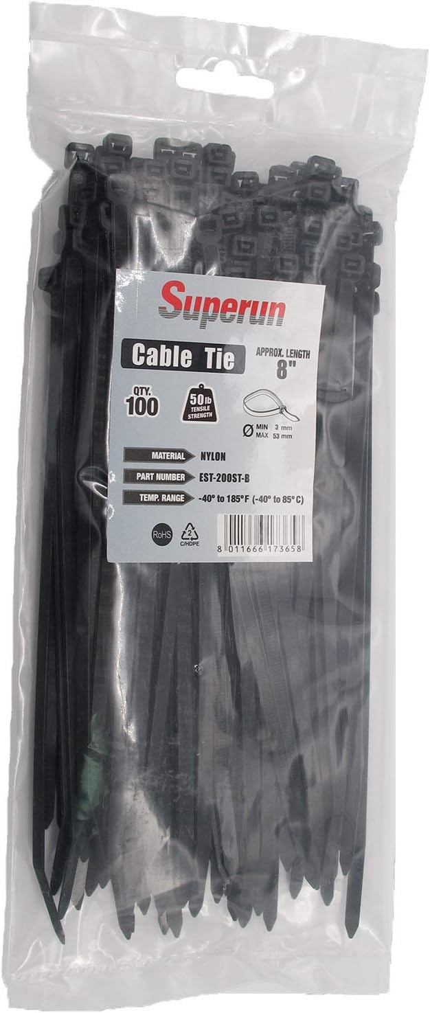 Superun Black Zip Ties 8 Inch 50 Lbs UV resistant Cable Ties 100 Pack | Self-locking,Width 0.18",Max Bundle Diameter 2.0",Industrial Grade,fireproof,Heavy duty,For indoor and outdoor