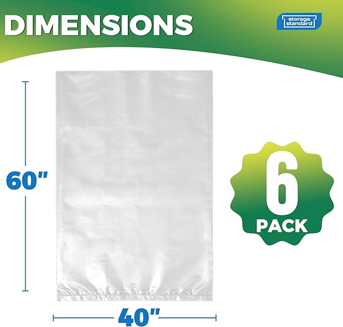 Storage Standard 6-Pack Large Clear Plastic Bags for Storage - Waterproof Extra Large Plastic Bags with Zip Ties, Heavy-Duty Cover for Luggage, Suitcases, Strollers & Travel Gear - 40 x 60 Inches