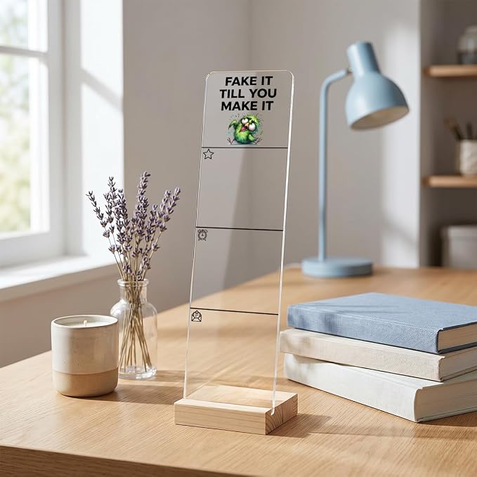 Monitor Memo Board, Sticky Note Holder, Sticky Note Board for Desk, Acrylic Desk Buddy with Wooden Base, Includes 200 Notes, Funny Fake It Till You Make It Green Bird Art for Office Desktop Decor