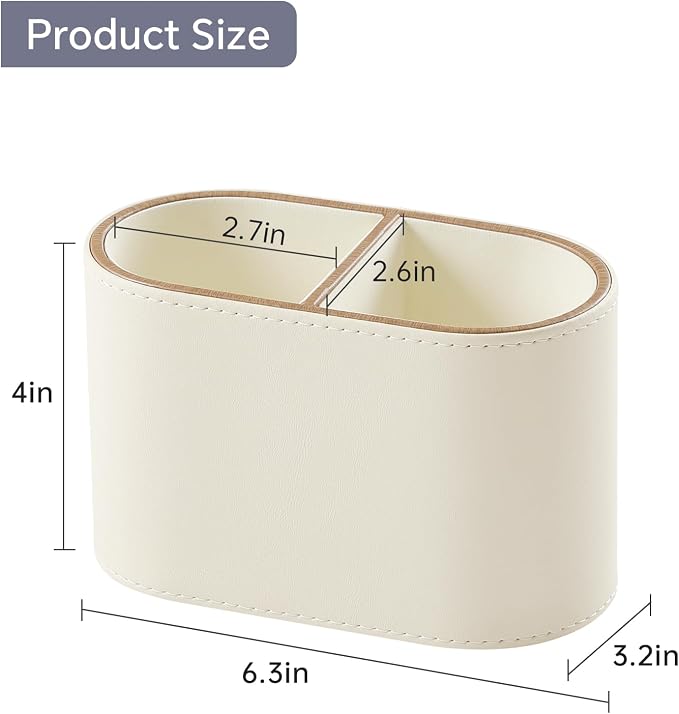Pen Holder for Desk, Small Remote Control Holder, Beige | 2-Compartment Oval Pencil Cup with Soft Velvet Lining, PU Leather Desktop Organizer Caddy for Home School Office Desk