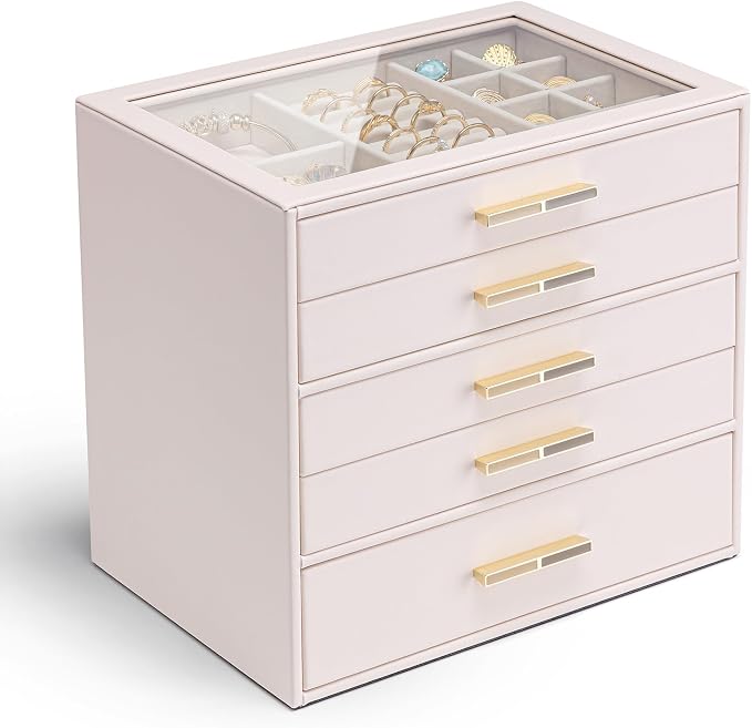 VLANDO 5-Drawer Jewelry Box with Glass Lid, Faux Leather Organizer for Rings Earrings Necklaces and More, Gift-Ready Jewelry Case for Women Girls or Moms, Pink Beige