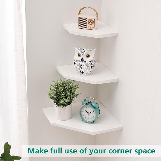 Corner Floating Shelves, White Corner Wall Shelf Set of 2, Solid Oak Wood Floating Shelves Wall Mount Shelf with Wire Hole Small Plant Display for Kitchen Living Room Bedroom