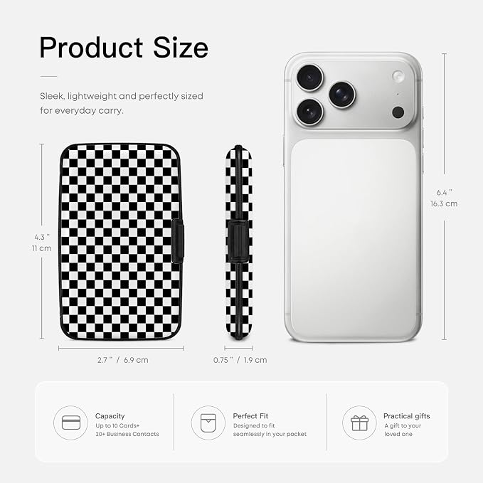 Credit Card Holder, Black and White Checkered, Mini Aluminum Wallet | RFID Blocking, Slim Design, Metal Business ID Case, For Women Men
