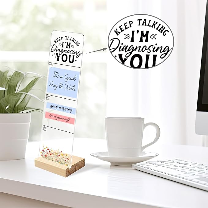 Sticky Note Holder, Monitor Memo Board, Acrylic Post It Note Holder with Wooden Base, Includes 200 Notes, Desk Organizer Funny Diagnosing Quote