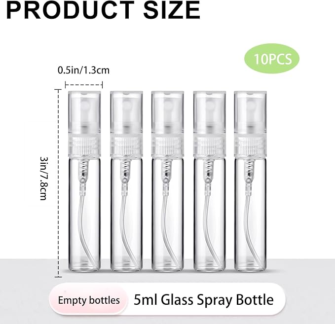 Refillable 5ml Mini Glass Spray Bottle, 10 Pcs Travel Size Perfume Atomizer for Refilling & Sampling, Empty Small Essential Oil Sprayer Containers, Leak Proof Mist Bottles for Travel