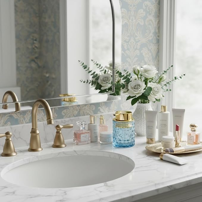 10 Oz Glass Hand Soap Dispenser with Pump, Refillable Bathroom Gold Foaming Soap Dispenser, Vintage Glass Diamond Lotion Container Bottle for Bathroom and Kitchen (2, Blue and Gold)