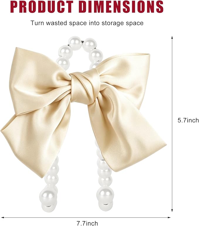 2 PCS Bow Pearl Car Seat Headrest Hook, Car Seatback Hanging Organizer Elegant Pearl Purse Hanger, Cute Bow Vehicle Interior Headrest Storage Hook for Handbag Purse Coat (Beige)