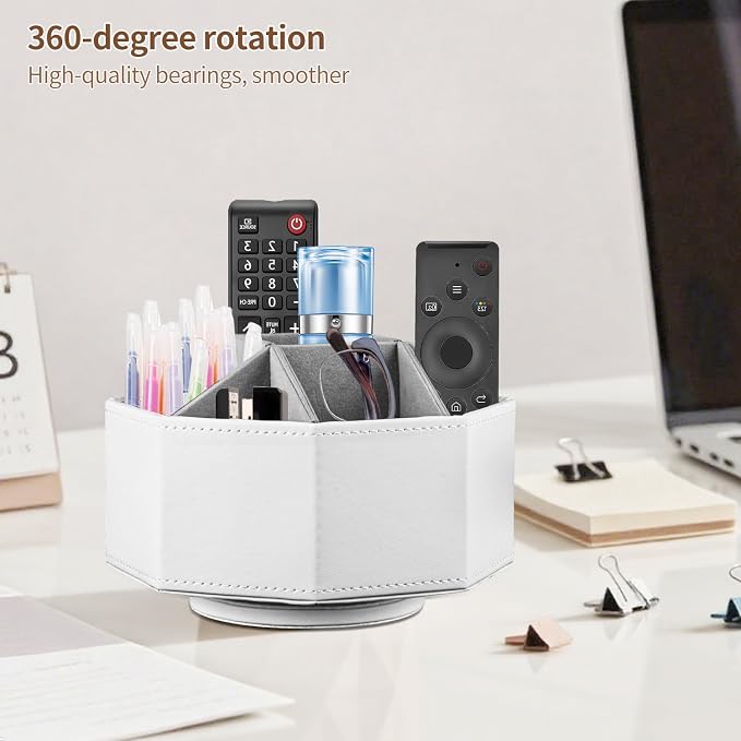 YAPISHI Swivel Remote Control Holder,9 Rooms Desk Organizer and Decorations for Living Room,Leather Bedside Storage Caddy for TV Controllers/Makeup Brush Pen/Office Stationery/Art Supplies/Eyeglasses