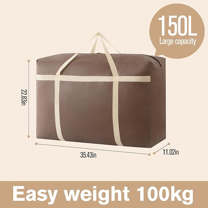 4 Pack 150L Extra Large Moving Bags with Zippers & Carrying Handles, Heavy-Duty Storage Tote Moving Boxes for Space Saving(brown, 4Pack*150L)