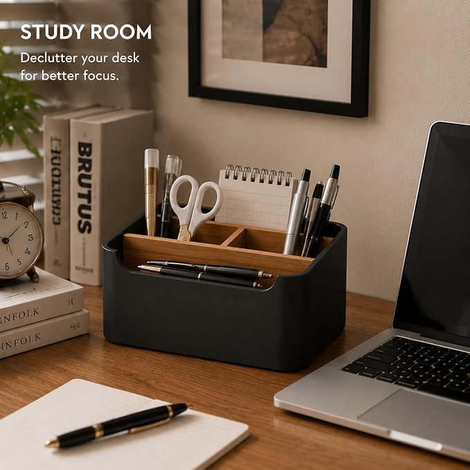 Remote Control Holder, Desk Organizer with Removable Dividers,Black | 5-compartment resin and wood organizer holds remotes, pens, glasses, and media devices for desk, coffee table, or nightstand