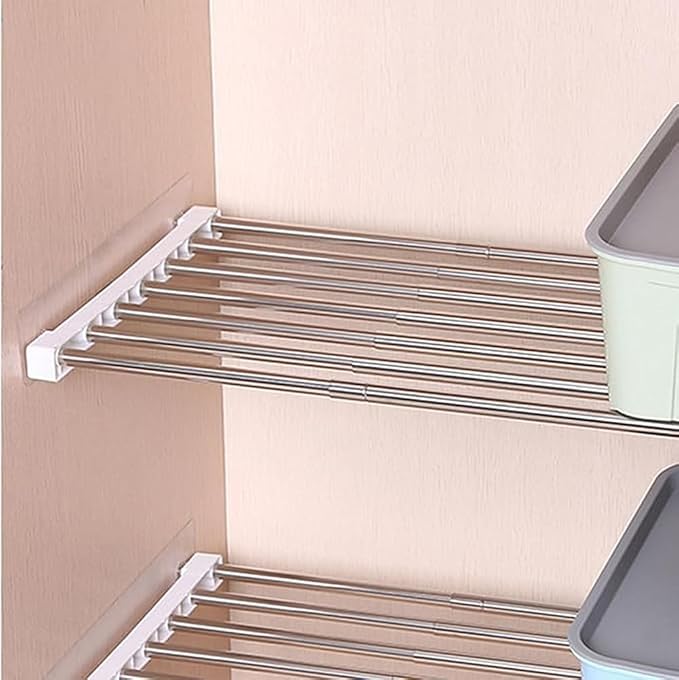 Closet Tension Shelf DIY Divider Metal Expandable Rod Adjustable Closet Shelves Organizer Scalable Layered Separators for Cabinet Storage Locker Clothes (14.2'' Wide,9.8''-15.7'' Long)