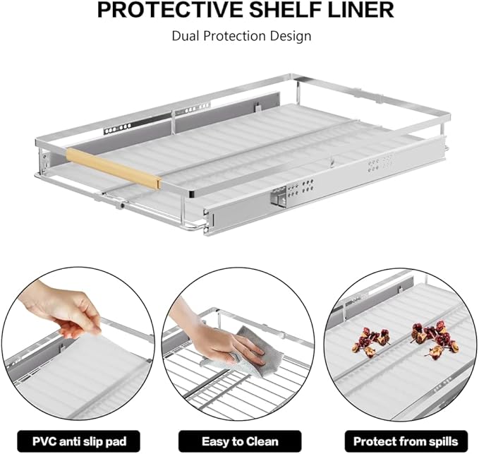 Expandable Sliding Basket, Pull-Out Cabinet Organizer, Heavy Duty Slide Out Pantry Shelves Sliding Drawer Storage for Kitchen, Under Sink, Wardrobe, 2 Pack Chrome 16.6''-27.8''W x 22''D
