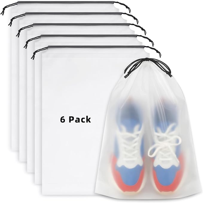 6 PCS Clear Shoe Bags for Travel, 11.8" x 15.7" Travel Shoe Bags for Storage and Packing, Waterproof Drawstring Shoe Bag for Traveling, Travel Essentials for Women and Men