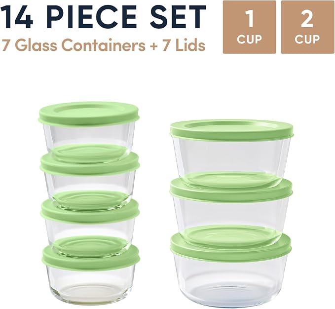 14-Piece Glass Food Storage Containers Set (7 Containers + 7 BPA-Free Lids) | 1-Cup & 2-Cup, Leakproof | Microwave, Freezer, Oven & Dishwasher Safe | Ideal for Meal Prep & Pantry Organization, green