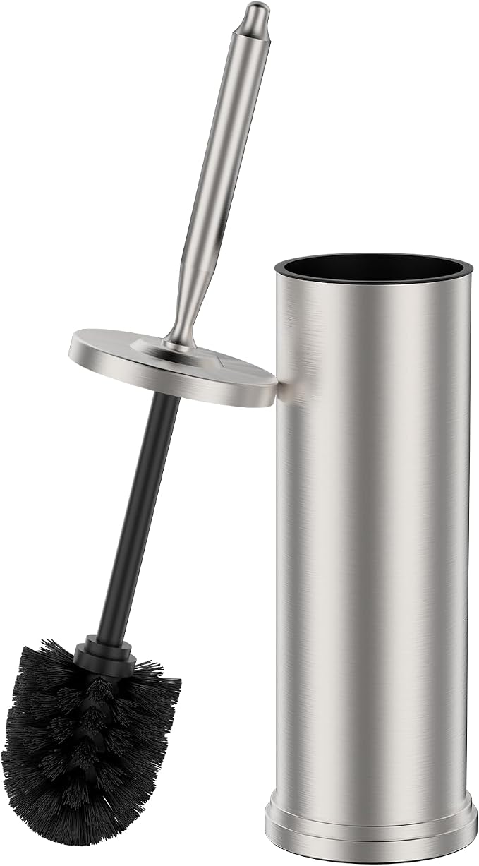 Stainless Steel Toilet Brush and Holder Set : Weighted Stable Base, Removable Inner Tube.Long Handle Toilet Bowl Brush Splash-Proof Design for Deep Cleaning & Space-Saving Storage,Nickel