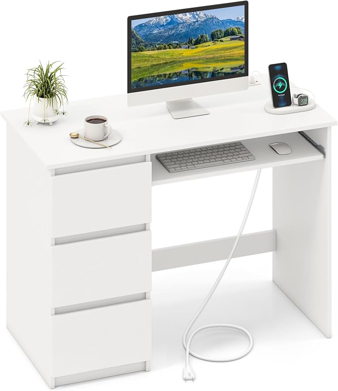 GOFLAME Computer Desk with 3 Drawers & Charging Station, 42” Home Office Desk with Storage & Keyboard Tray, Writing Desk PC Workstation Vanity Table (White)
