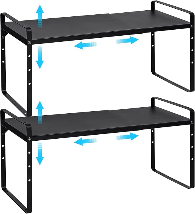 Set of 2 Expandable Cabinet Shelf Organizer, Stackable Kitchen Countertop Shelves Spice Racks, Small Metal Storage Shelf For Cupboard Counter Tabletop, 30 LBS Heavy Duty, Adjustable, 13.8" to 21.6"