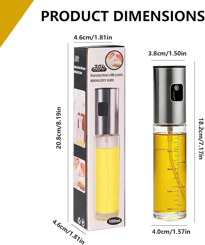 100ml Olive Oil Sprayer, Food Grade Glass Cooking Oil Spray Bottle, Stainless Steel Mister for Air Fryer Salad BBQ Roasting