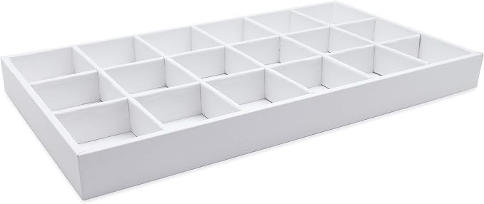 The Display Guys - Stackable Jewelry Tray and Organizer - for Drawers, Dressers, Store Display (18 Compartments, White Leatherette)