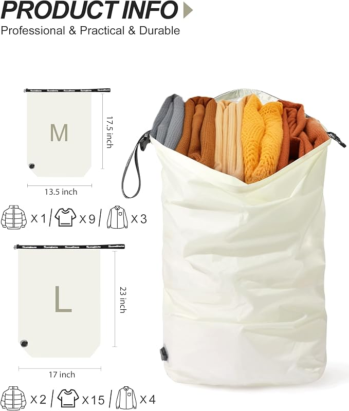 Travel Compression Laundry Bag, Pump-Free Vacuum Space Saver Bag for Dirty Clothes, Reusable Waterproof Wet Dry Bag, Travel Laundry Bag for Luggage, Packing, Suitcase (1 Pcs)（White, M)