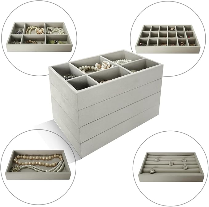 Stackable Jewelry Organizers and Storage with Velvet Jewelry Trays, Earring Organizer and Jewelry Drawer Organizer Inserts for Drawers