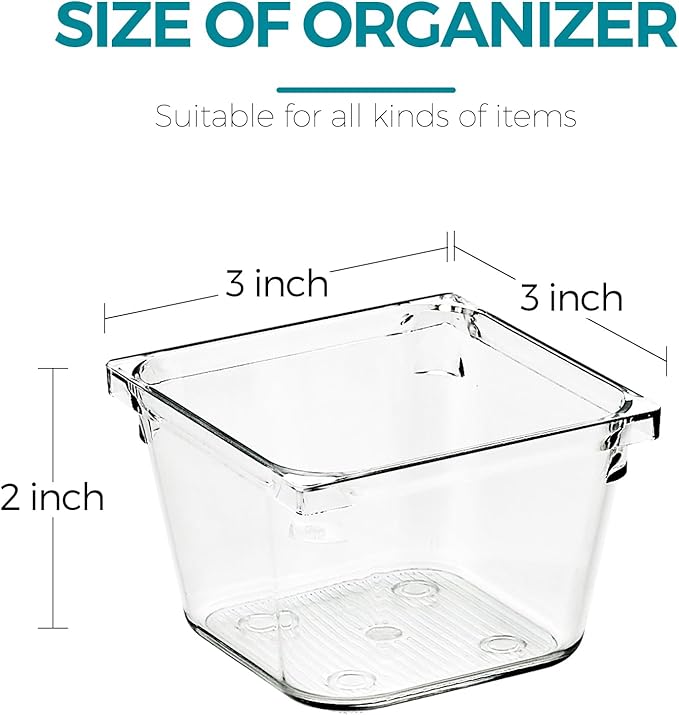 12 Pack Drawer Organizer - 3" X 3" Clear Acrylic Storage Bins with Non-Slip Pads, Versatile Desk Tray for Makeup, Jewelry, Kitchen, Bathroom, and Office Organization