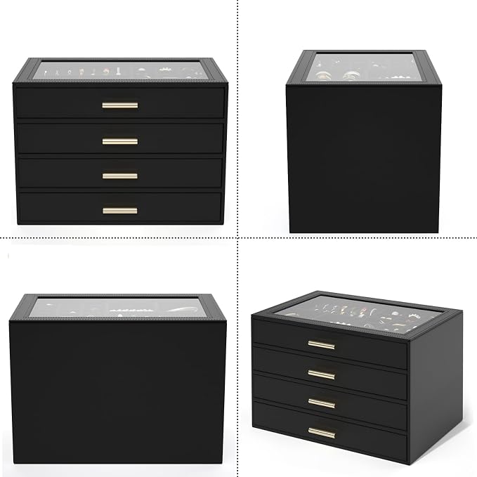 AKOZLIN Jewelry Box with Clear Lid Functional Leather Jewelry Storage Organizer Case 4 Drawers for Women Girls Necklace Ring Bracelet Earring