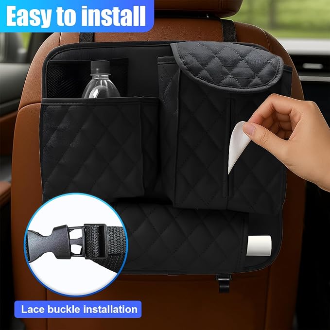 YoRise Leather Car Seat Back Organizer, Multifunctional Hanging Automotive Storage Bag with 2 Hooks, Car Seat Travel Bag for Tissue, Phone, Handbag, Bottle, Umbrella, Snack (Black)