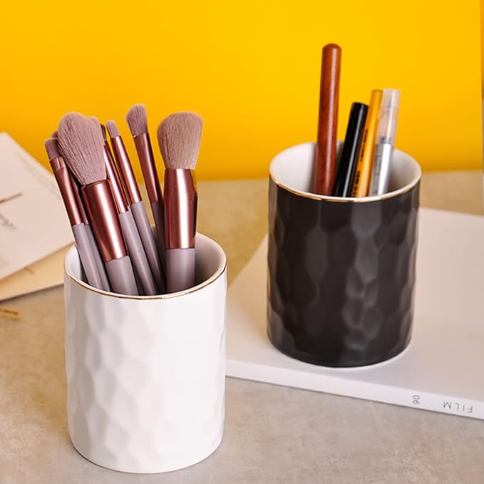 WHJY Ceramic White Pencil Cup, Makeup brushes Holder, Gold Pen Holder for Desk Cute Small Boho Brush Holder, Modern Geometry Design Pen Holder