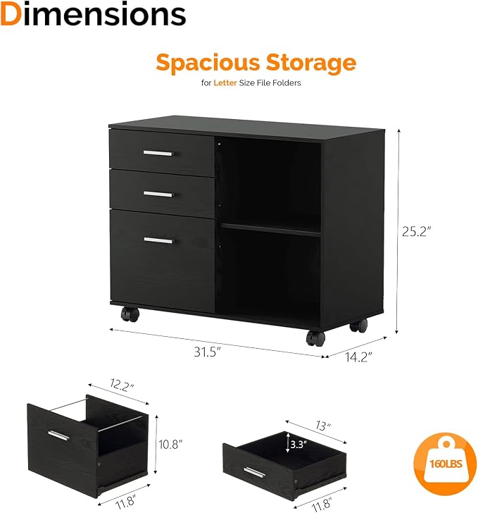 VINGLI 3 Drawer Wood Lateral File Cabinet with Adjustable Shelves & Locking Wheels, Printer Stand with Drawers for Letter Size Files, Sturdy Black File Cabinets for Home Office, Study & Business