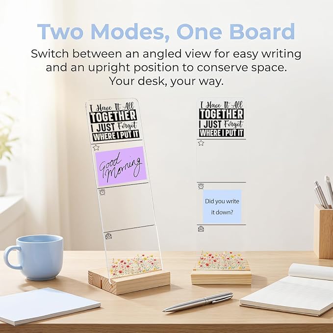 Sticky Note Holder, Monitor Memo Board, Acrylic Post It Note Holder with Wooden Base, Includes 200 Notes, Desk Organizer Funny Forgetful Quote