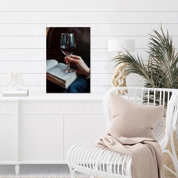 Wine and Book Girl Reading With Drink Art Aesthetic Poster Canvas Wall Art Decoration Living Room Home Decor Bedroom Decoration Poster Framed12x18inch