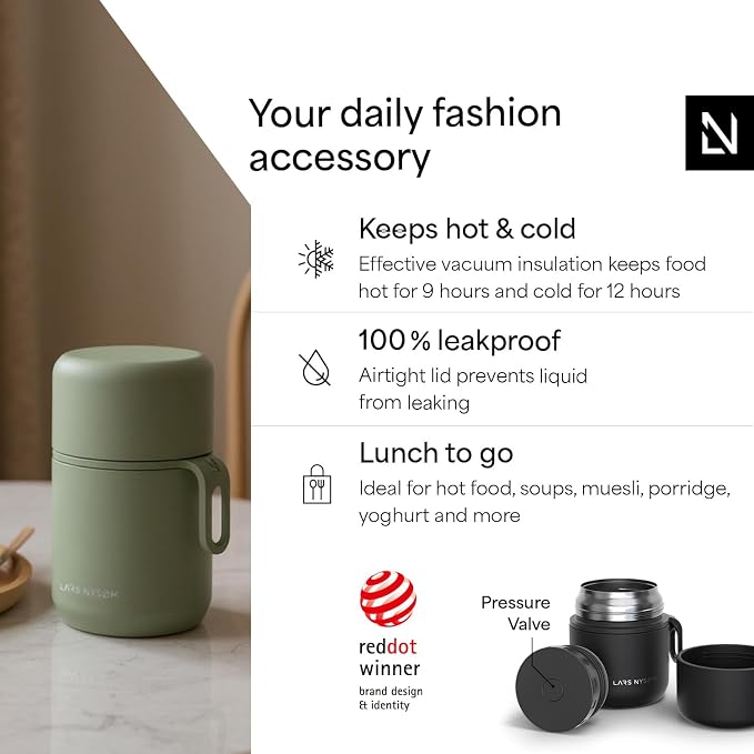 LARS NYSØM Stainless Steel Vacuum Insulated Food Jar - Leakproof Lunch Pot & Lunch Jar for Hot and Cold Food, Wide Mouth, Portable Soup Container for Work & Travel (Carbon Black, 12oz)