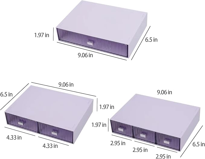 Plastic Desk Drawer Organizer, 2 Compartments, Stackable, Office Supplies Storage, Purple
