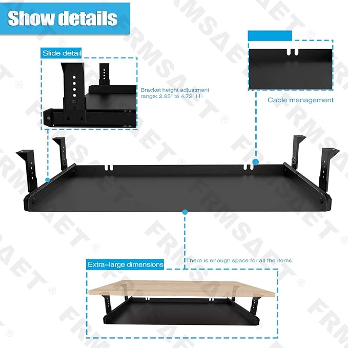 FRMSAET Under Desk Keyboard Tray Heavy-Duty All-Metal Material 20/24/30 inches Platform Computer Drawer Organizer Home Office Kitchen Bedroom Garage Storage Tool - Easy to Install.(24 inches, Black)