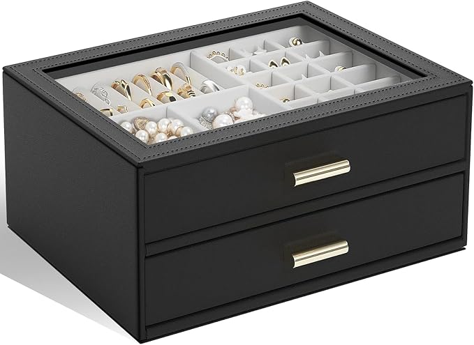 AKOZLIN Jewelry Box with Clear Lid Functional Leather Jewelry Storage Organizer Case 2 Drawers for Women Girls Necklace Ring Bracelet Earring