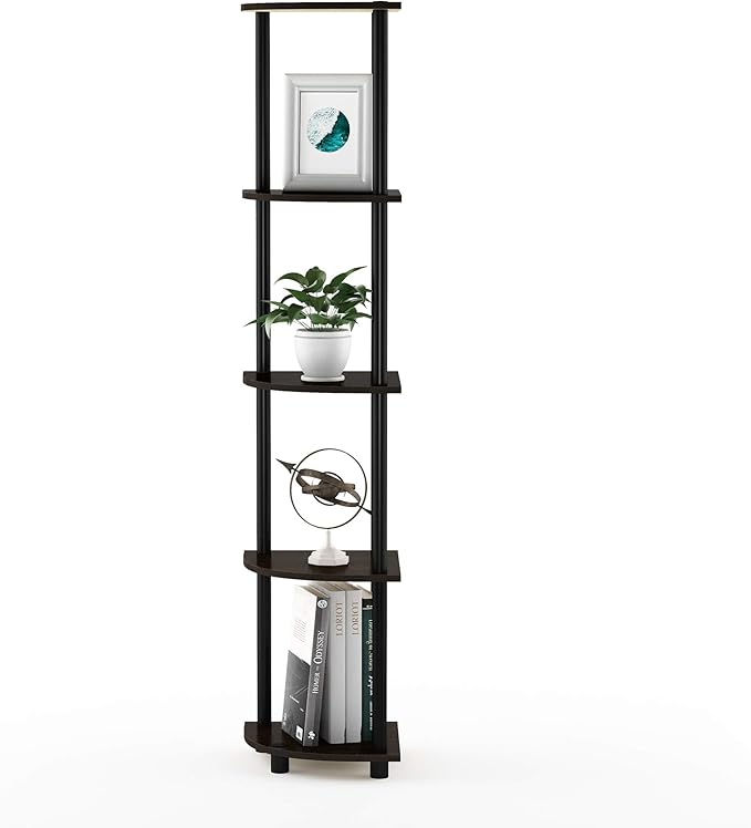 Furinno TURN-N-TUBE Corner Shelf, 5-Tier Corner Bookshelf, Open Storage Shelves, for Organization and Storage, Living Room, Home Office, Garage, Bedroom, Dark Brown Grain