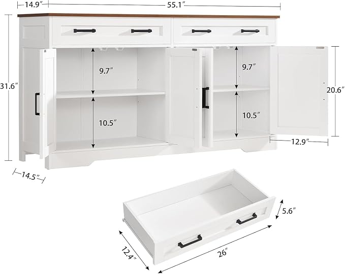 usikey 55" Buffet Cabinet with Storage and Drawers, Large Sideboard Buffet Cabinet with Adjustable Shelves and Doors, Modern Coffee Bar for Kitchen, Living Room, White
