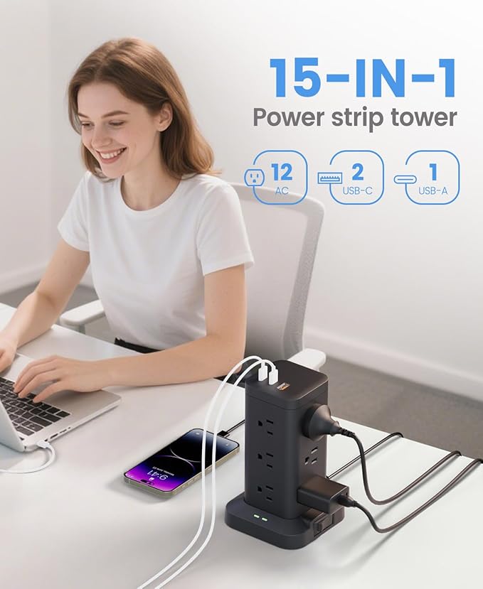 Power Strip Tower with Surge Protector 1800J, Fast Charging Tower PD20W USB-C Ports with 12 AC Outlets, Extension Cord for Home Office Dorm Room, 15ft, Black