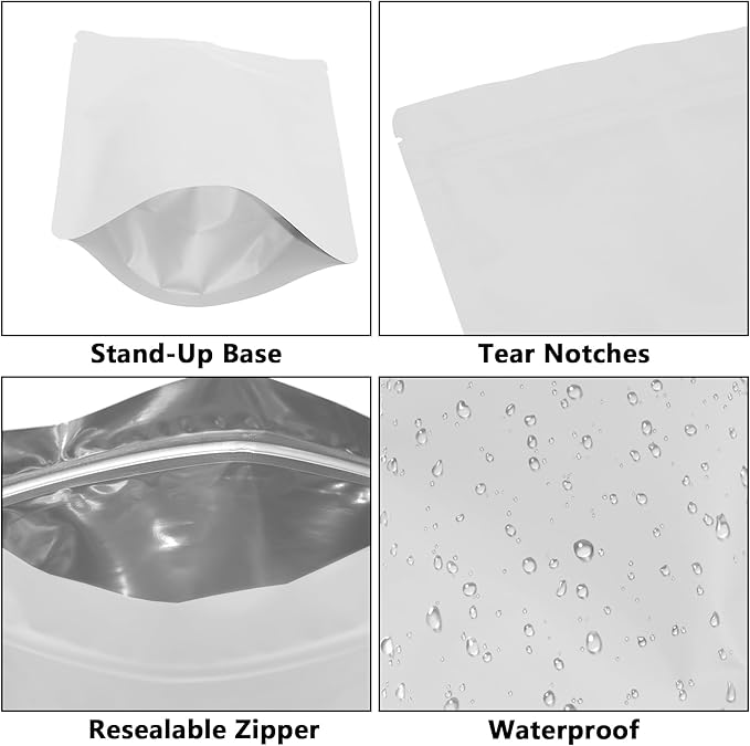 100PCS Smell Proof Resealable Pouch Bags,ULIFESTAR Aluminum Foil Flat Food Storage Bag,Sealable Pcsaging Zipper Pouches with Tear Notches for Pcsaging Lipgloss,Jewelry,etc(14*20cm/5.51*7.87",White)