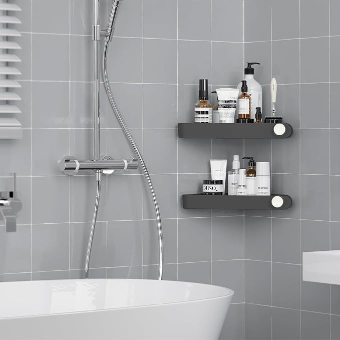 Sotfamily Plastic Shower Caddy Corner (for 90° Only), 2 Pack | Adhesive Corner Shower Shelves for Bathroom Organizers and Storage, Black