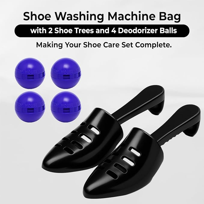 2PCS Shoe Washing Machine Bag with Pair of Shoes Tree and 4 Deodorizer Balls, Durable Zipper Reusable Shoe Washing Bag with 20000+ Fluffy Fiber Lining For 360° Cleaning for Sneakers